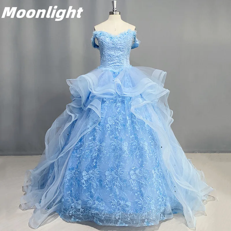 Лунный свет, роскошные бусы, Пышное платье, бальное платье, Блестящее кружевное вечернее платье, Многоуровневые аппликации для сладких 18 3D цветов, реальные фотографии 2