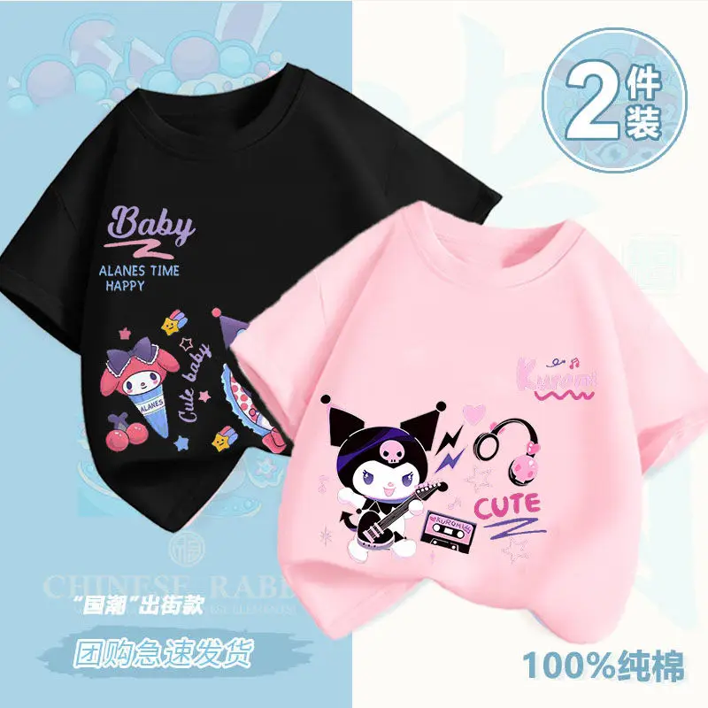Милая детская футболка Sanrio с аниме My Melody Kuromi, повседневная летняя футболка из чистого хлопка, Детская одежда, Топы с короткими рукавами для девочек и мальчиков, подарок 3