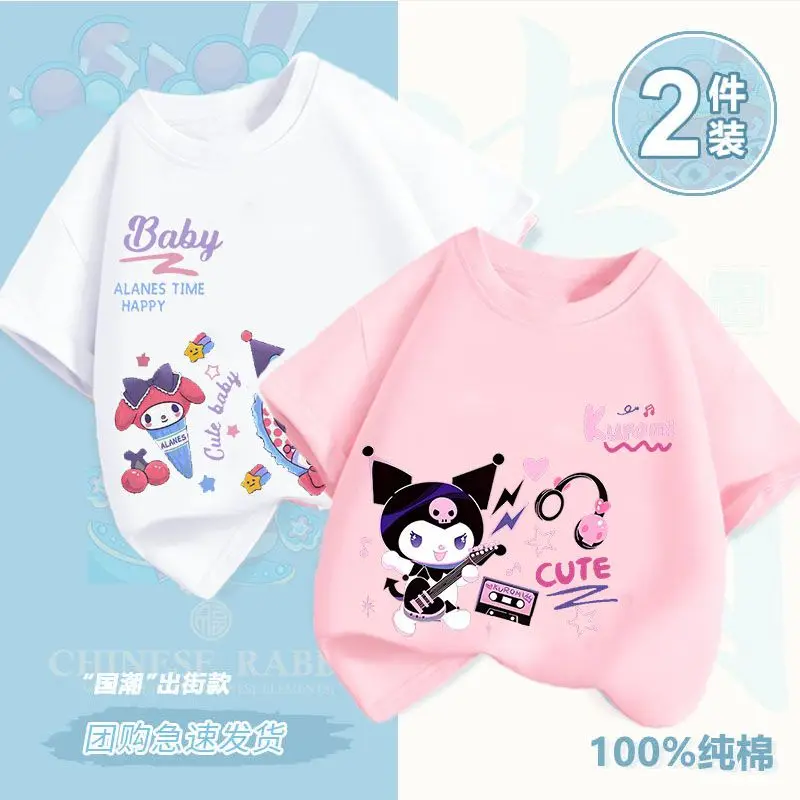 Милая детская футболка Sanrio с аниме My Melody Kuromi, повседневная летняя футболка из чистого хлопка, Детская одежда, Топы с короткими рукавами для девочек и мальчиков, подарок 4