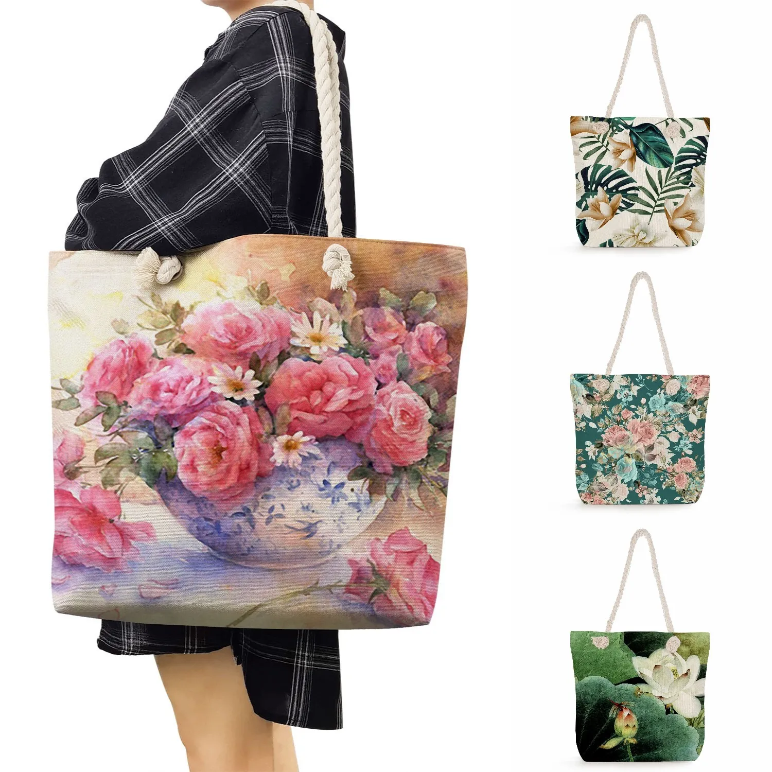 Модные Красивые сумки с цветочным принтом, Повседневные женские сумки-тоут Большой емкости, Уличная Портативная Дорожная Пляжная сумка из толстой веревки 0