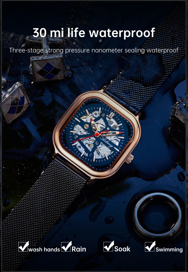 Мужские часы AILANG, лучший бренд класса люкс, механические часы со скелетом, квадратный корпус, хронограф с красной иглой, роскошный повседневный дизайн 2