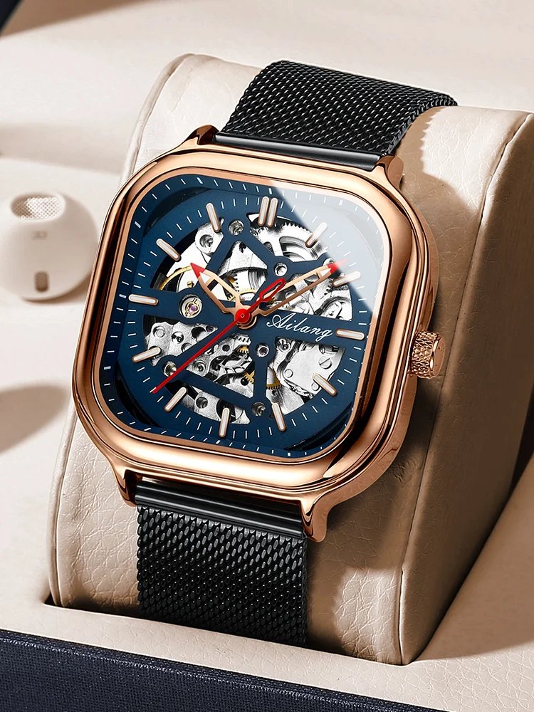 Мужские часы AILANG, лучший бренд класса люкс, механические часы со скелетом, квадратный корпус, хронограф с красной иглой, роскошный повседневный дизайн 4