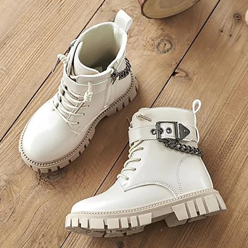 Новые детские теплые ботинки, хлопковые ботинки для девочек на мягкой подошве, зимние кожаные ботинки для мальчиков в британском стиле, студенческие кроссовки с металлической цепочкой 4