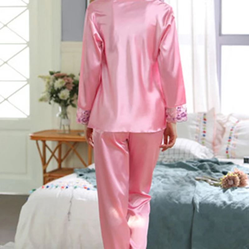 Осенняя Женская пижама из искусственного Шелка, Атласная Пижама, Комплект из 2 предметов, Пижамный костюм с длинным рукавом, Женская Домашняя Одежда 5