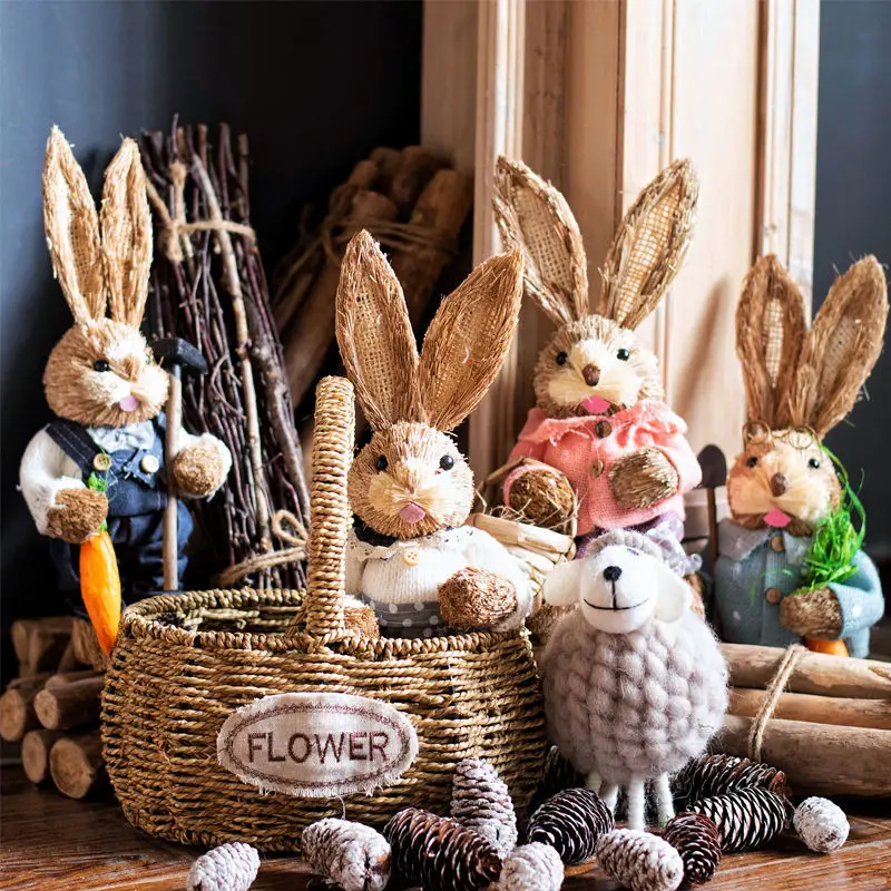 Пасхальный соломенный орнамент в виде кролика, Креативный искусственный кролик, кукла, венок, фартук, статуэтка, Праздничная вечеринка, дом 5