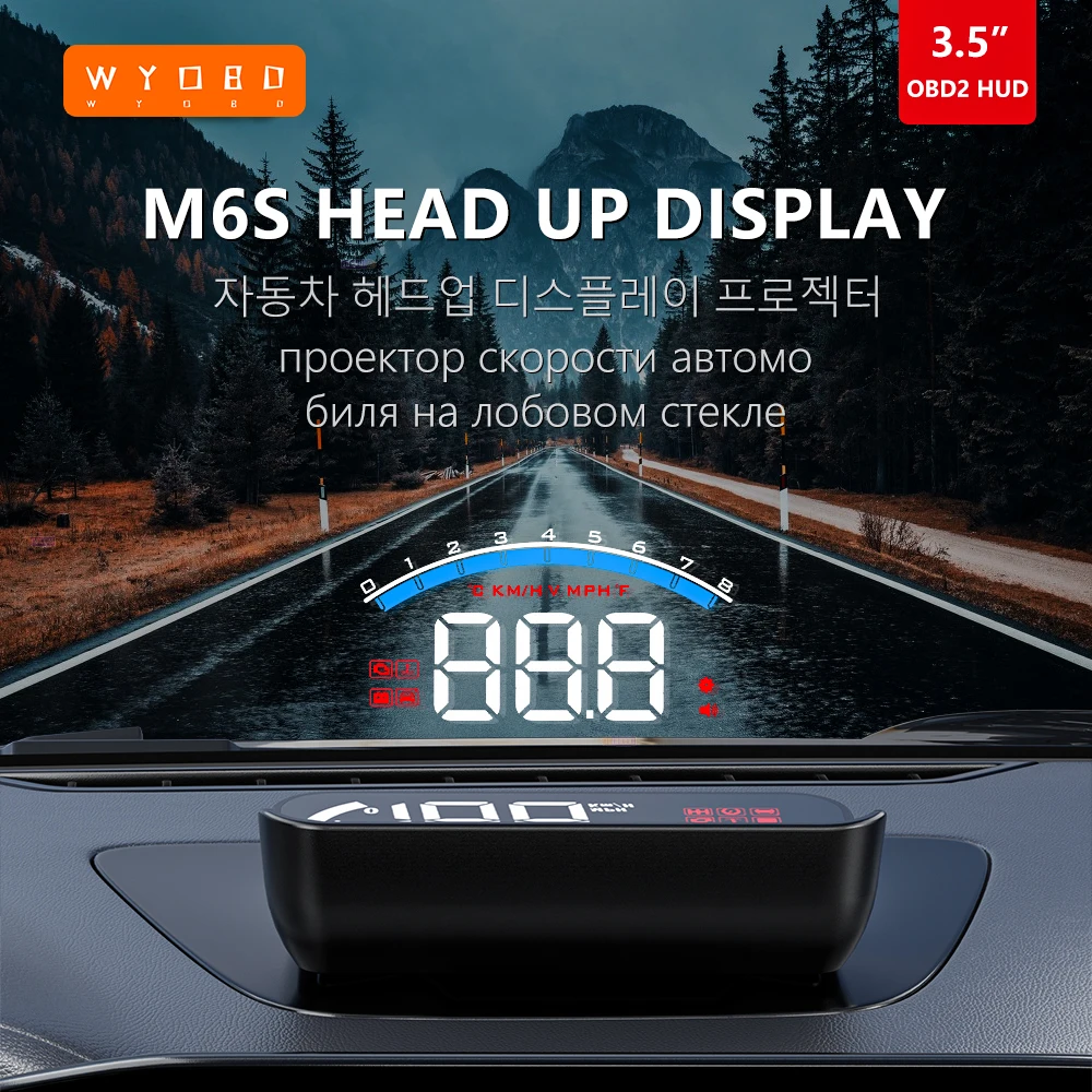Проектор лобового стекла автомобиля WYOBD M6S OBD2 HUD Цифровой измеритель скорости температуры воды Подключи и играй Автоаксессуары Головной дисплей 0