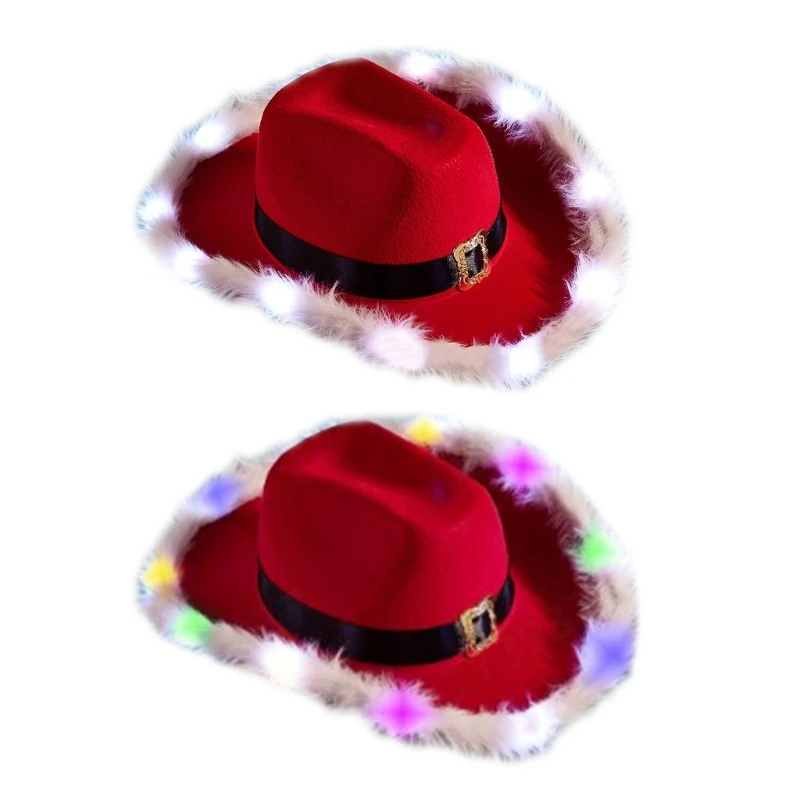 Рождественская ковбойская шляпа со светодиодными полями и фетровая шляпа со светодиодными полями для рождественского джаза 0