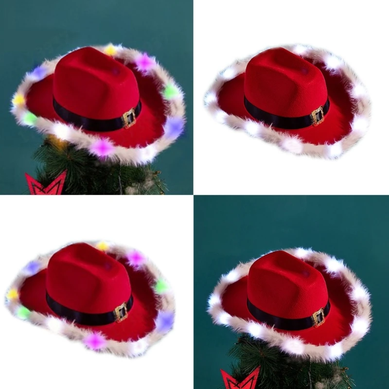 Рождественская ковбойская шляпа со светодиодными полями и фетровая шляпа со светодиодными полями для рождественского джаза 1