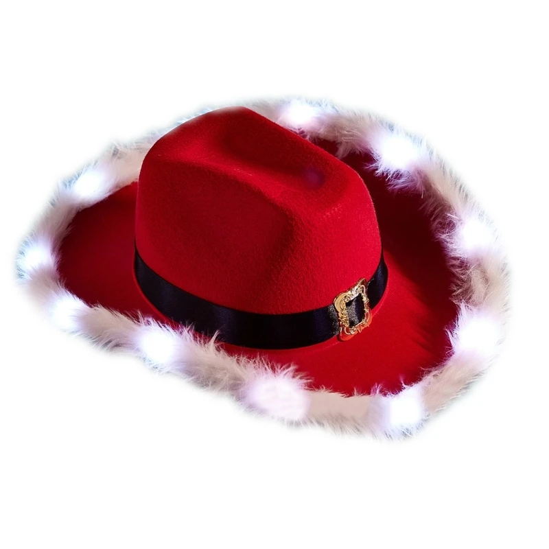 Рождественская ковбойская шляпа со светодиодными полями и фетровая шляпа со светодиодными полями для рождественского джаза 2