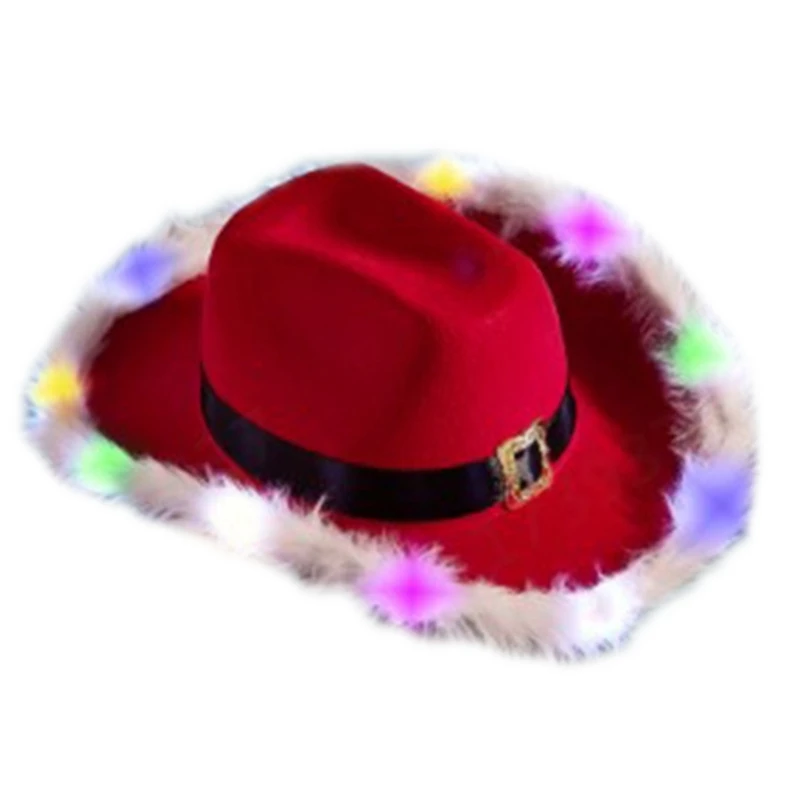 Рождественская ковбойская шляпа со светодиодными полями и фетровая шляпа со светодиодными полями для рождественского джаза 3