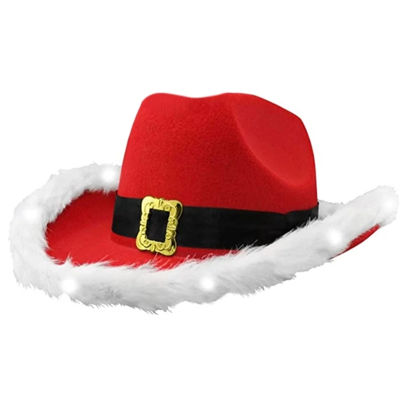 Рождественская ковбойская шляпа со светодиодными полями и фетровая шляпа со светодиодными полями для рождественского джаза 4