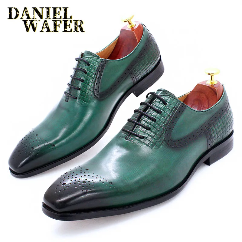 Роскошные брендовые мужские туфли-оксфорды, Модные Зеленые Черные мужские модельные туфли из натуральной кожи на шнуровке, Свадебные офисные деловые официальные туфли 1