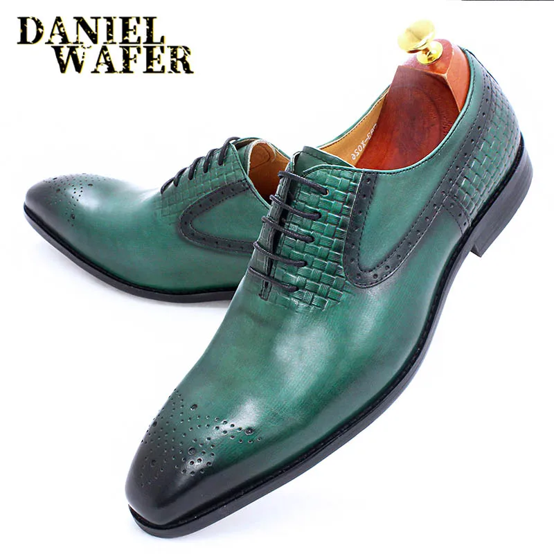 Роскошные брендовые мужские туфли-оксфорды, Модные Зеленые Черные мужские модельные туфли из натуральной кожи на шнуровке, Свадебные офисные деловые официальные туфли 3