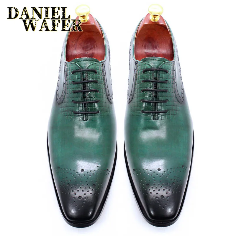Роскошные брендовые мужские туфли-оксфорды, Модные Зеленые Черные мужские модельные туфли из натуральной кожи на шнуровке, Свадебные офисные деловые официальные туфли 5