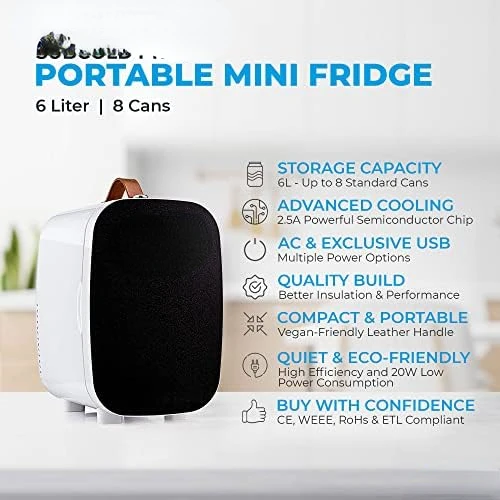 Роскошный Мини-холодильник-охладитель На 6 литров / 8 банок с переменным током и эксклюзивным USB-питанием Маленький Портативный Холодильник Для офиса, Спальни, Калифорнии 1