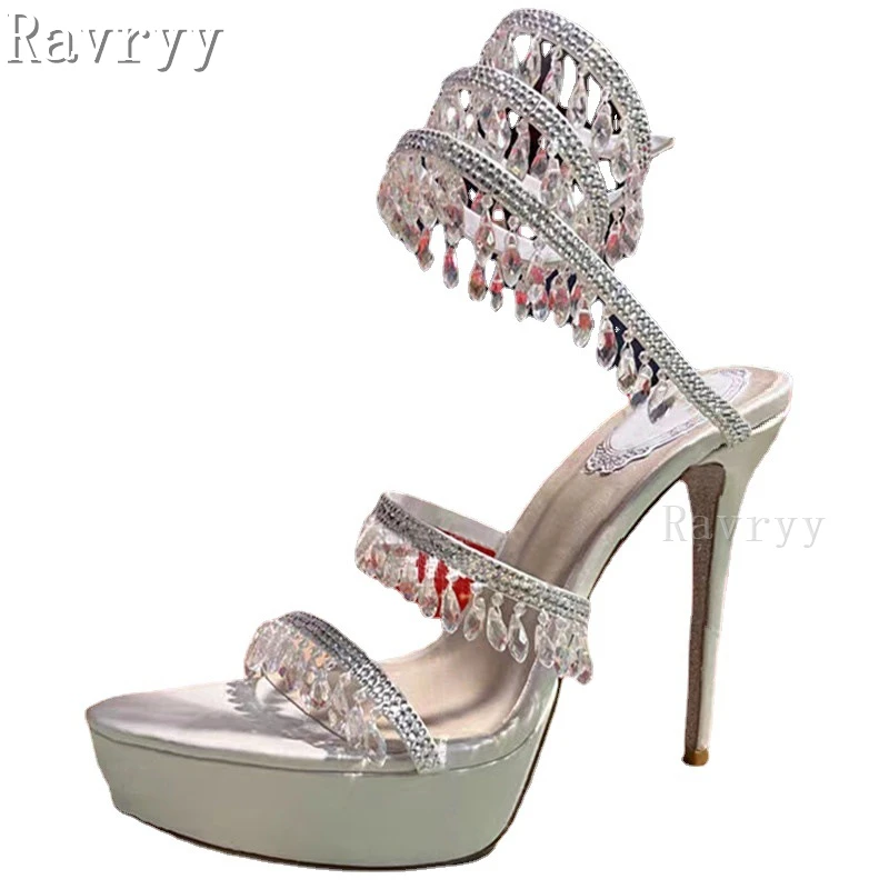 Сандалии с подвеской на лодыжке с кристаллами, водонепроницаемая платформа, круглый носок, летняя обувь на тонком высоком каблуке, роскошные женские сандалии для свадебной вечеринки 5