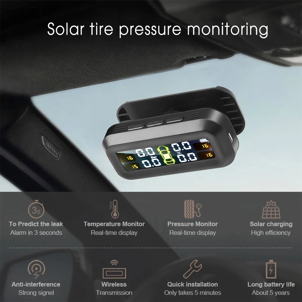 Солнечная система контроля давления в автомобильных шинах TPMS Интеллектуальное предупреждение о температуре Экономия топлива с 4 датчиками tpms Оконный дисплей 1