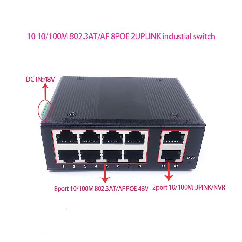 Стандартный протокол 802.3AF/AT 48V POE OUT/48V poe коммутатор 100 Мбит/с 8-портовый POE с 2-портовой восходящей линией связи/NVR 0