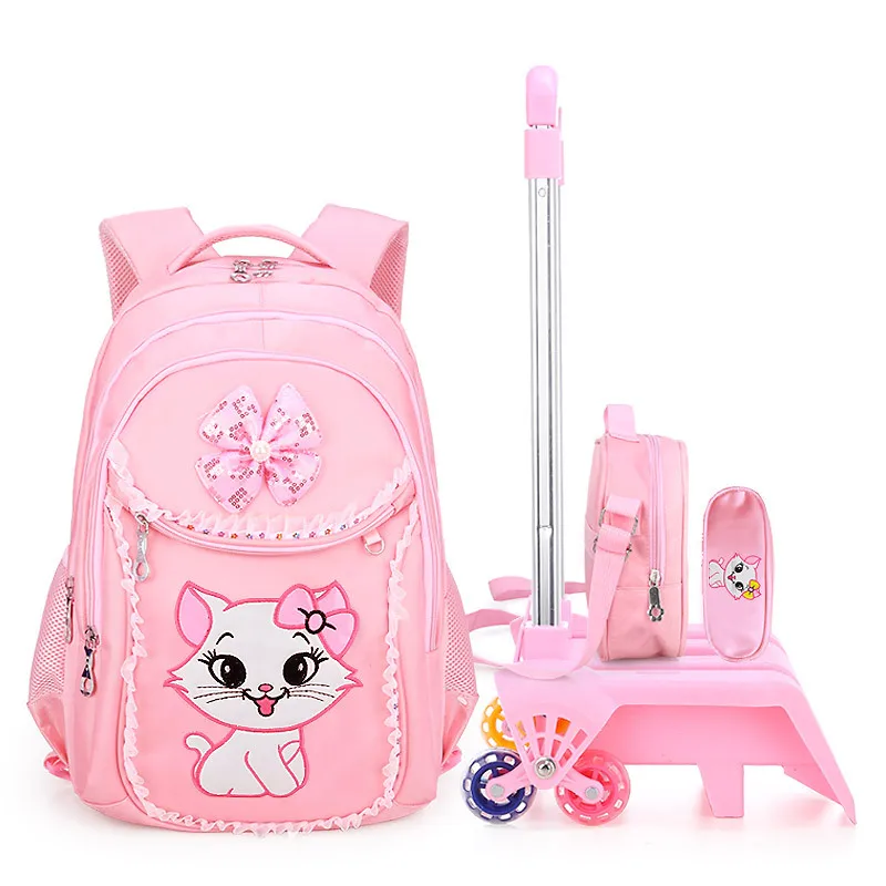 Съемные водонепроницаемые детские школьные сумки с тележкой на колесах, школьный рюкзак, школьный рюкзак с рисунком кота, Детский рюкзак с книгами 2