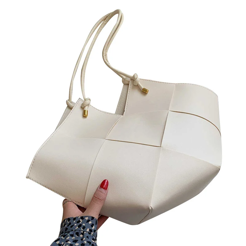 Тканые сумки-тоут для женщин, повседневная однотонная сумка через плечо из искусственной кожи, женские сумки большой емкости, женская дорожная сумка для покупок 3