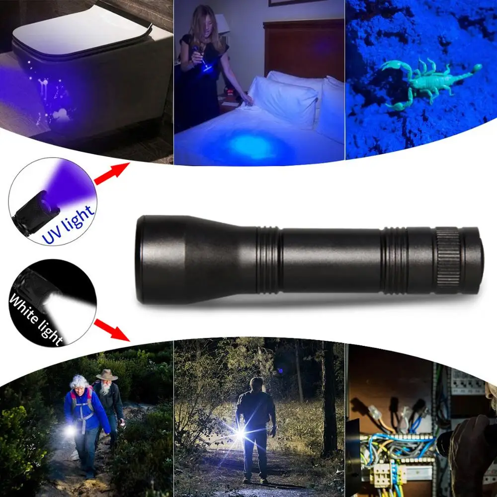 УФ-фонарик черного цвета, перезаряжаемая постоянным током УФ-вспышка, 395нм, Водонепроницаемый светодиодный фонарик, ультрафиолетовый детектор черного света, Моча домашних животных 2