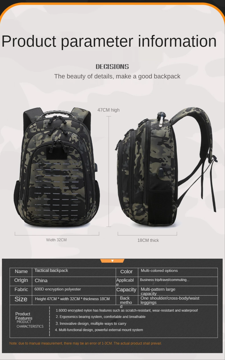 Уличные Военные Рюкзаки, Тактический рюкзак, Нейлоновый Водонепроницаемый USB-зарядка, Мужские Дорожные сумки, Спортивный Походный Рюкзак для Рыбалки, Mochila 5