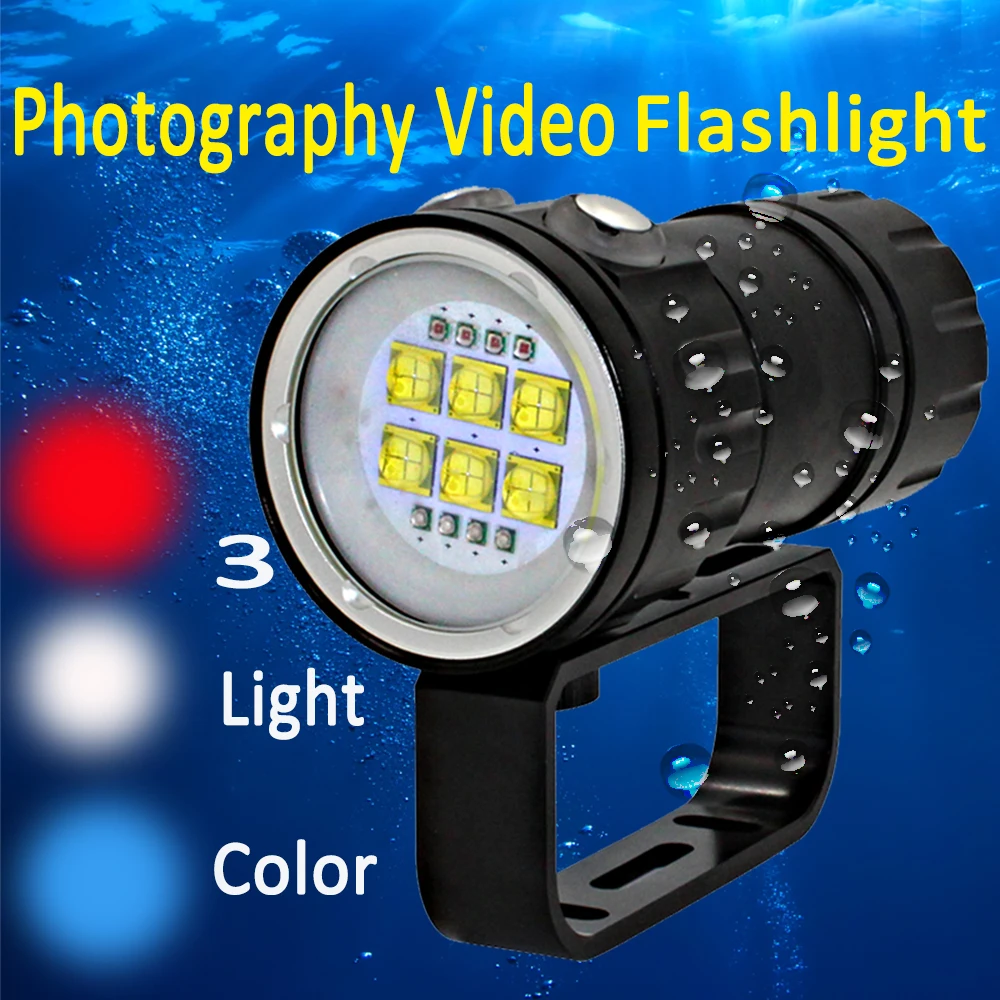 Фотография Видео Фонарик для дайвинга 6x9090 LED + 4x Красный + 4x синий светодиодный светильник подводный 100 м водонепроницаемый тактический фонарь 0