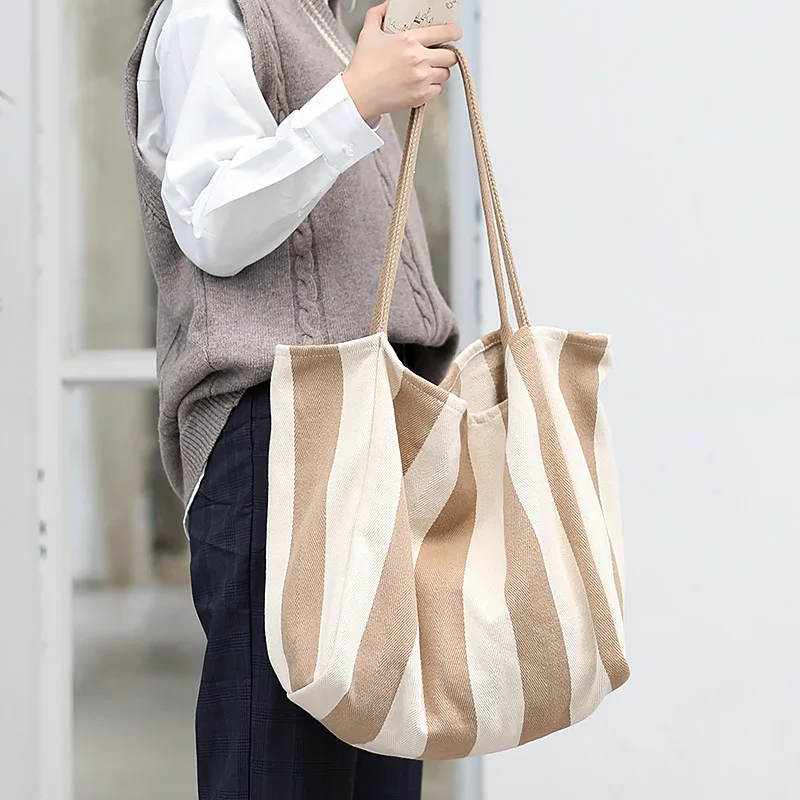 Холщовые сумки в полоску, сумки через плечо для женщин, брендовый дизайн 2022, Женская сумка-тоут большой емкости, Простая дорожная женская сумка для покупок 3