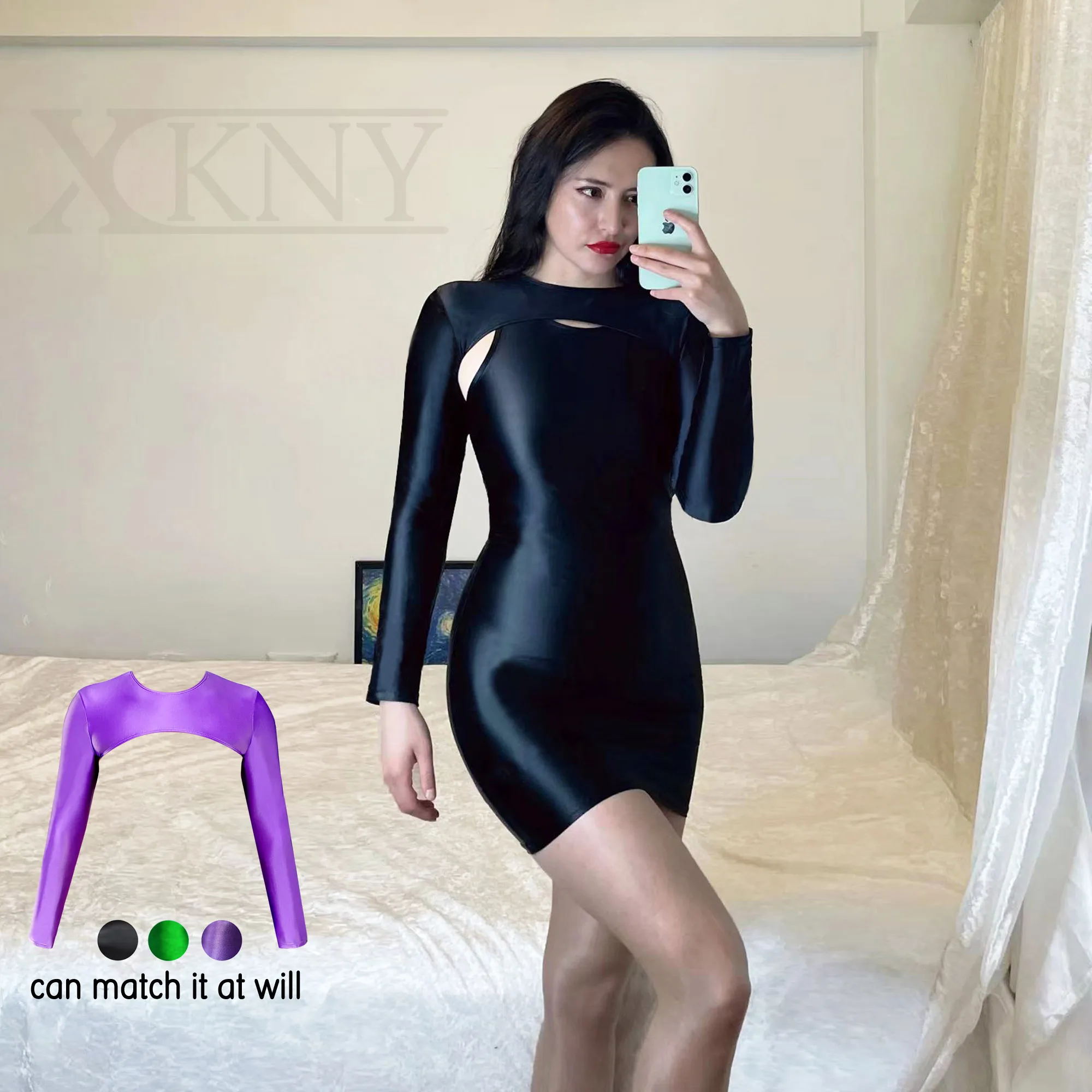 Шелковые блестящие сексуальные колготки XCKNY, сексуальное масляное глянцевое украшение, случайное сочетание и подбор пляжного купальника для занятий йогой с длинным рукавом 0