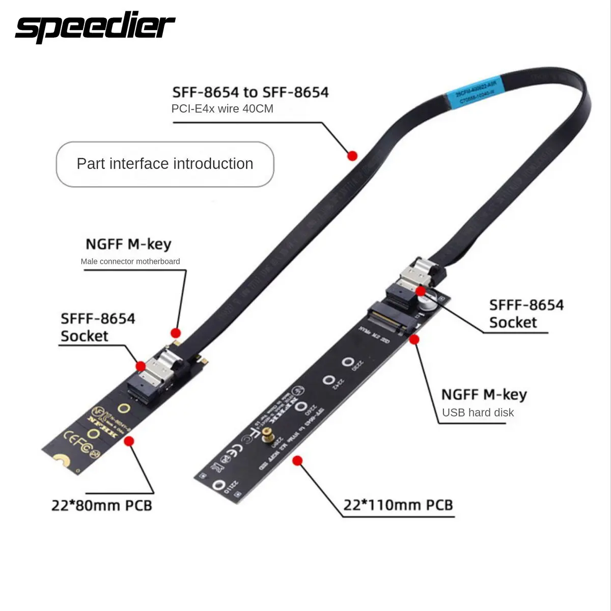 удлинительный кабель NGFF M-Key NVME от мужчины к женщине длиной 40 см с разъемом SFF-8654 для материнской платы SSD 2280/22110 0